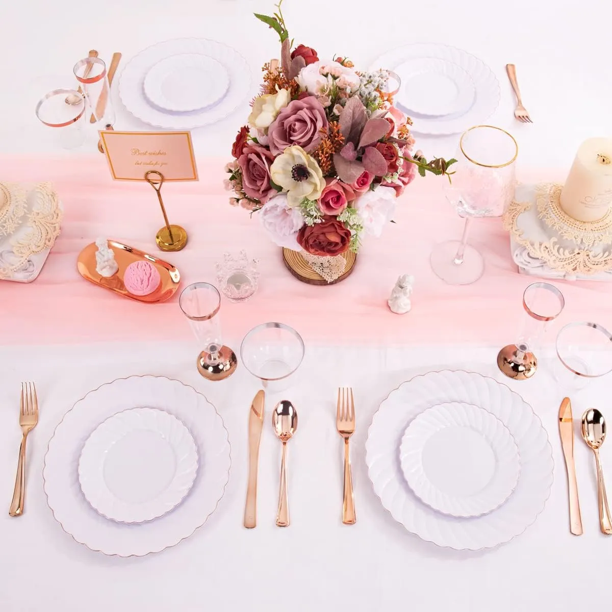 YOUBET350PCS Rose Gold Plastic Plates-Disposable White and Rose Gold Plates include 100Plates,50 Pack Pre Rolled Napkins with Rose Gold Plastic Silverware and 50Cups Perfect for Wedding/Parties