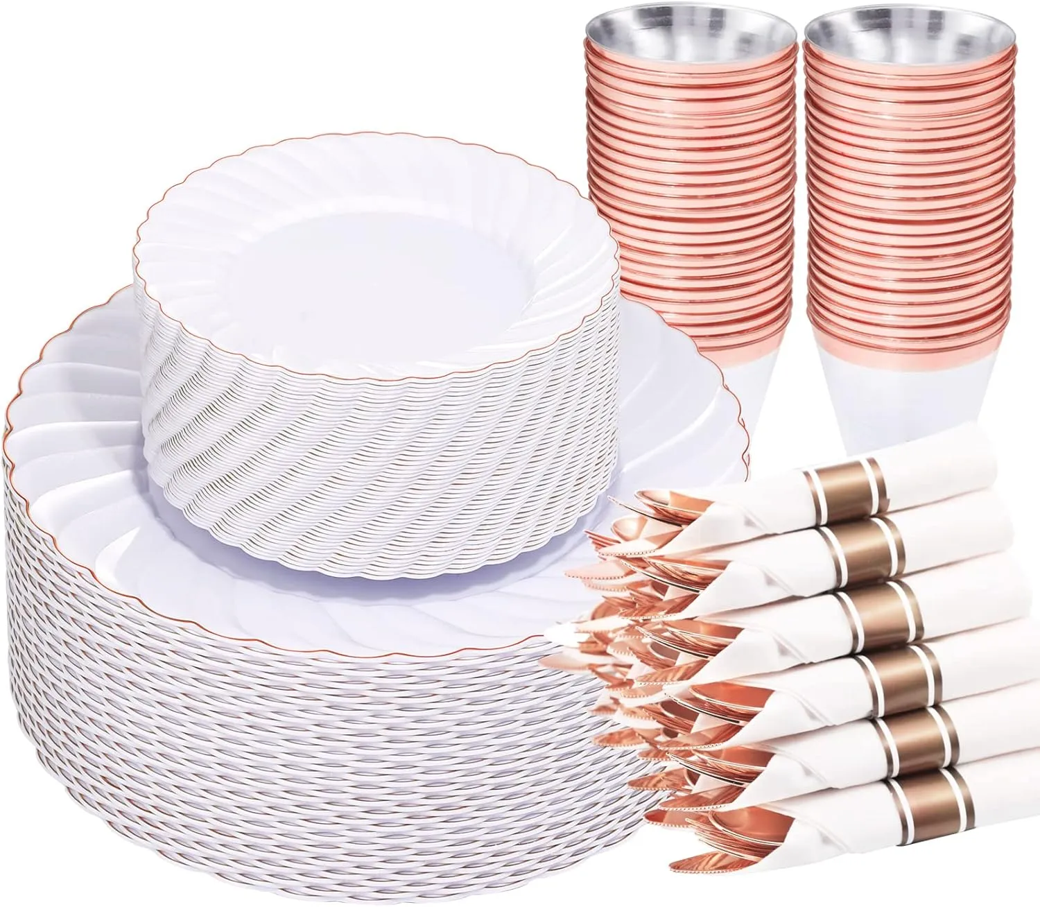 YOUBET350PCS Rose Gold Plastic Plates-Disposable White and Rose Gold Plates include 100Plates,50 Pack Pre Rolled Napkins with Rose Gold Plastic Silverware and 50Cups Perfect for Wedding/Parties