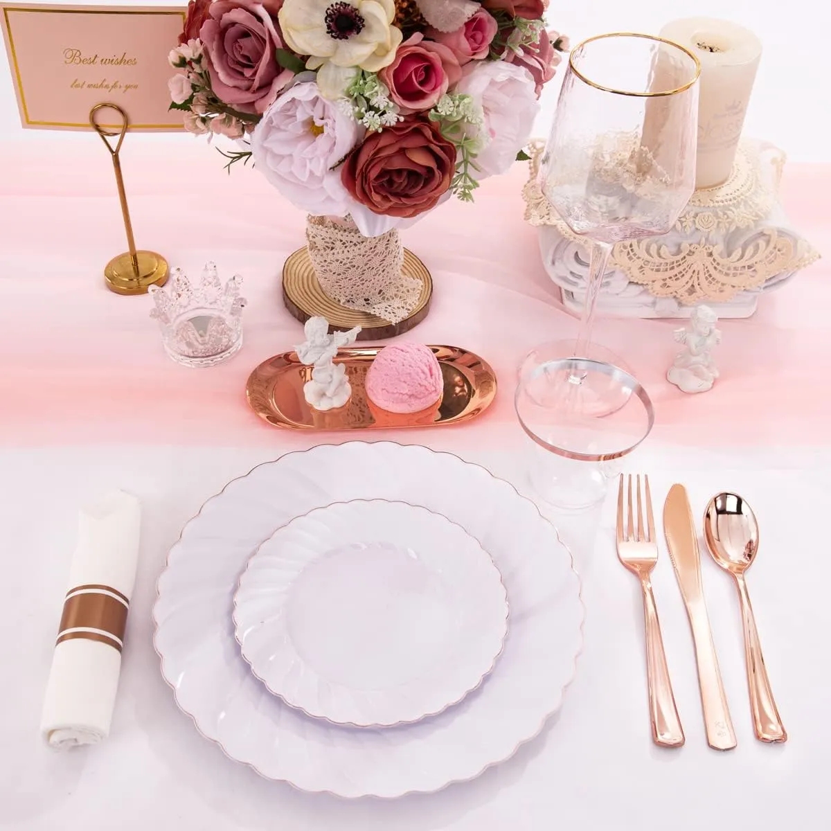 YOUBET350PCS Rose Gold Plastic Plates-Disposable White and Rose Gold Plates include 100Plates,50 Pack Pre Rolled Napkins with Rose Gold Plastic Silverware and 50Cups Perfect for Wedding/Parties