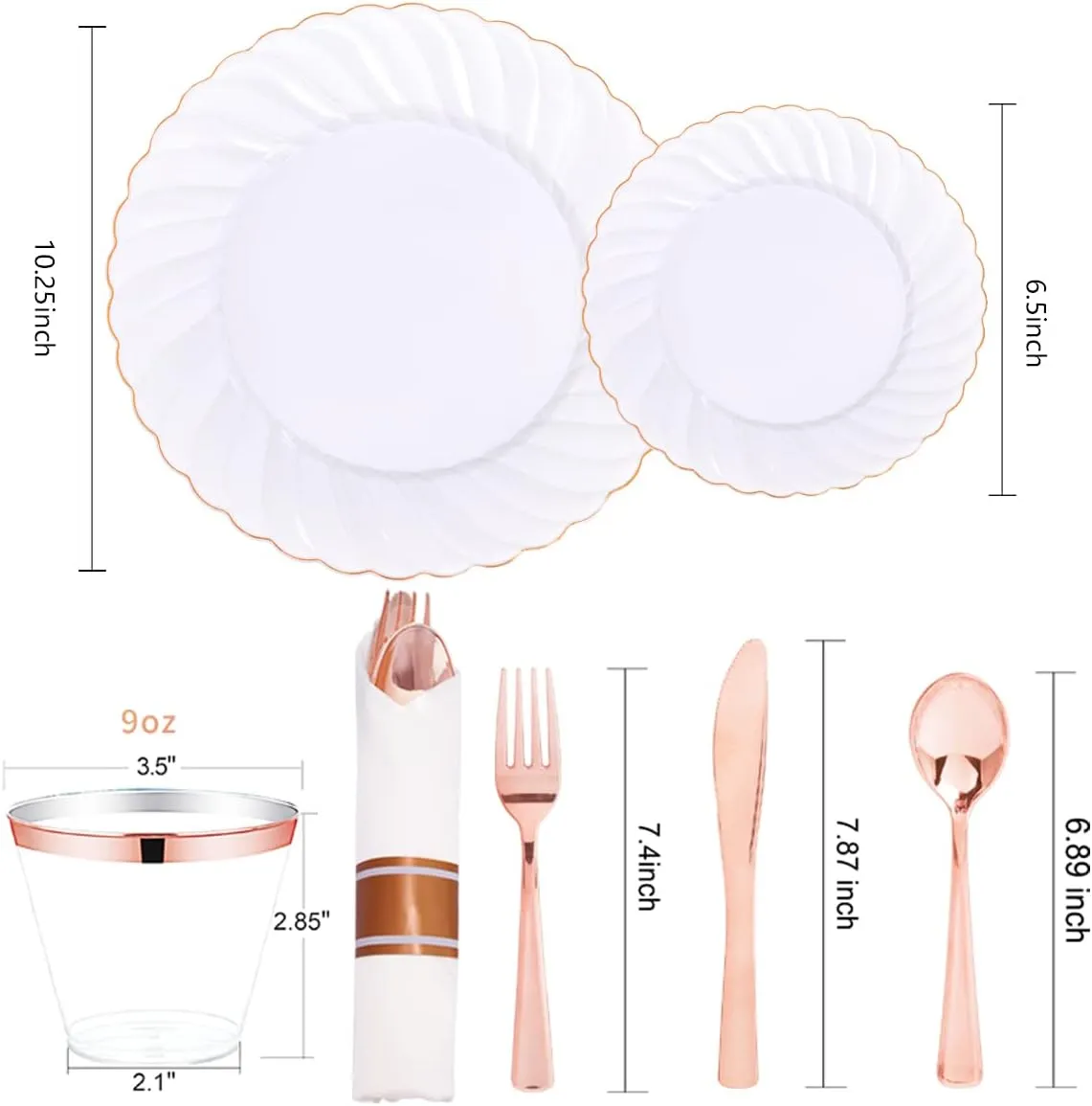YOUBET350PCS Rose Gold Plastic Plates-Disposable White and Rose Gold Plates include 100Plates,50 Pack Pre Rolled Napkins with Rose Gold Plastic Silverware and 50Cups Perfect for Wedding/Parties