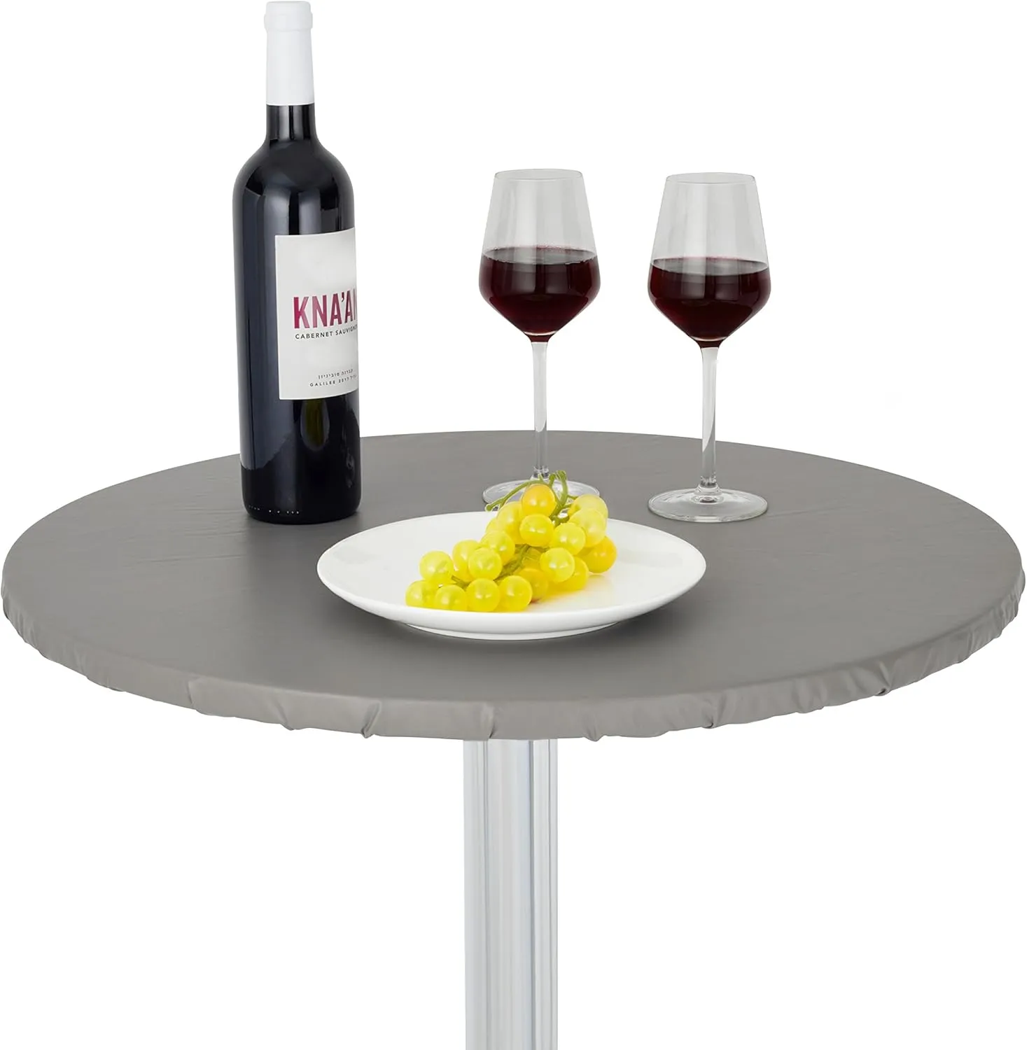 Yourtablecloth Heavy Duty Vinyl Round Fitted Tablecloth (Table Cover) with Flannel Backing Vibrant Colors Elasticized Tablecloth Great for Indoor and Outdoor Dining and Playing Cards 48” Grey