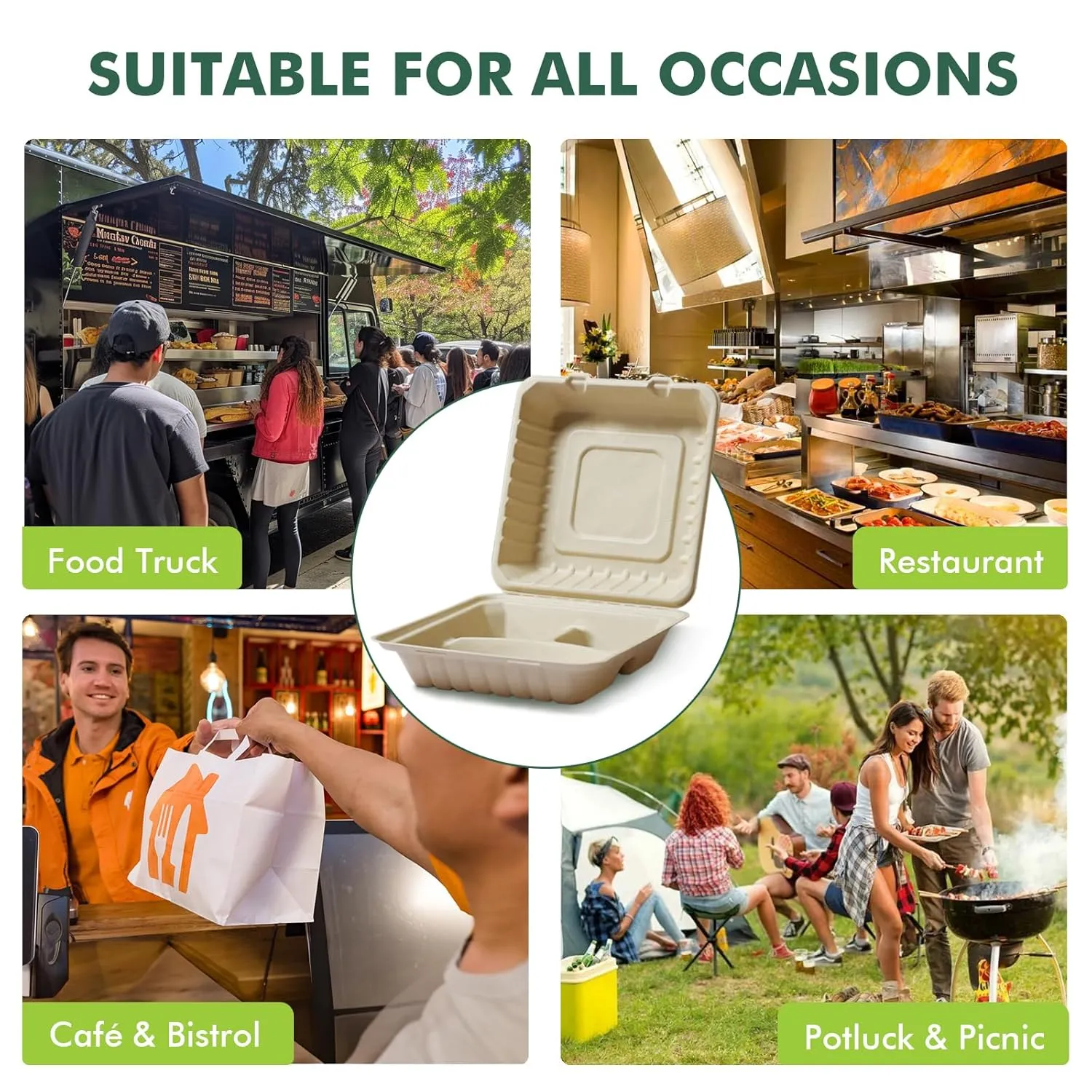 yoyomax [9x9-50Pack 100% Compostable To Go Food Containers with Lids, 3-Compartment Take Out Clamshell Container, Bio Disposable | Eco Friendly | Heavy-Duty Boxes, Made of Sugarcane Fibers