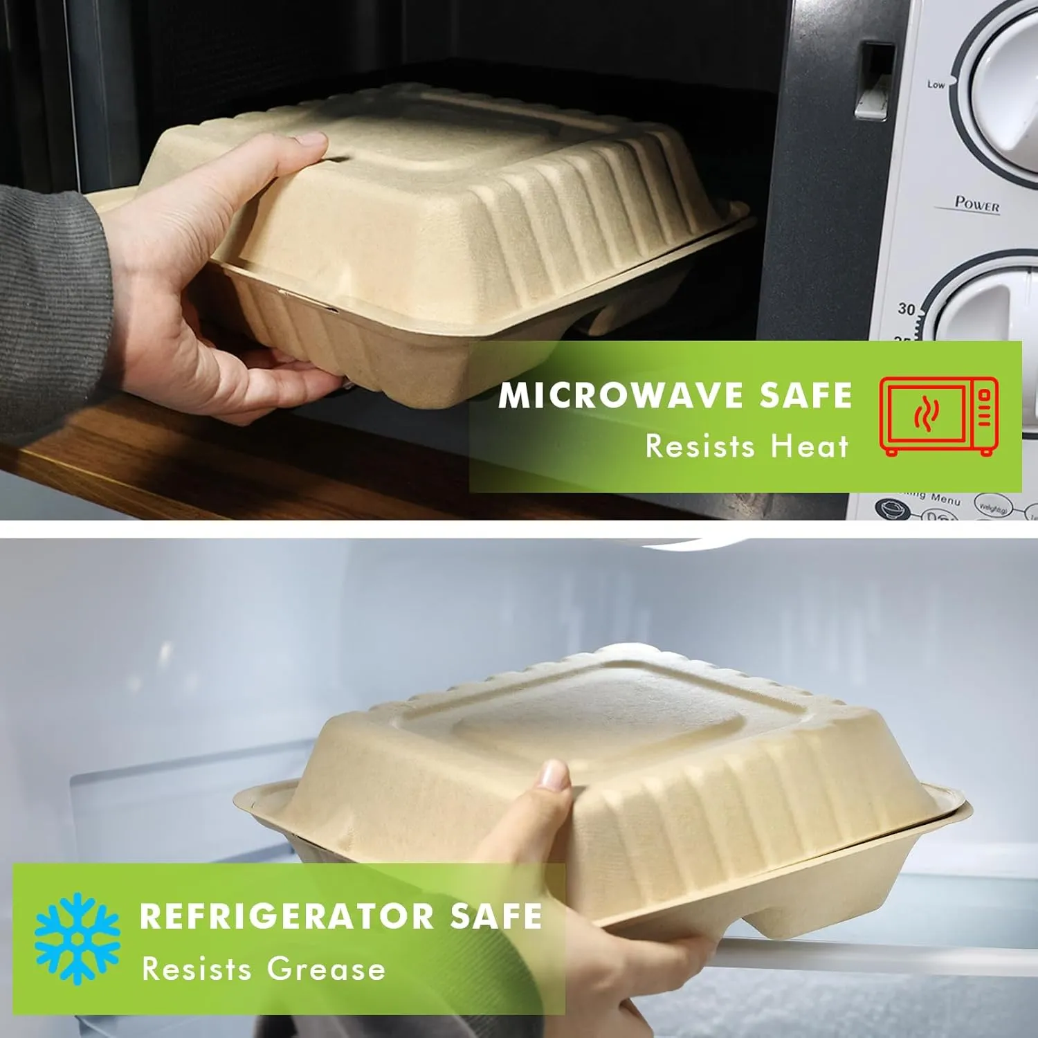 yoyomax [9x9-50Pack 100% Compostable To Go Food Containers with Lids, 3-Compartment Take Out Clamshell Container, Bio Disposable | Eco Friendly | Heavy-Duty Boxes, Made of Sugarcane Fibers