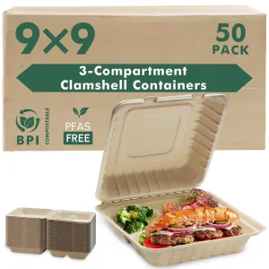 yoyomax [9x9-50Pack 100% Compostable To Go Food Containers with Lids, 3-Compartment Take Out Clamshell Container, Bio Disposable | Eco Friendly | Heavy-Duty Boxes, Made of Sugarcane Fibers