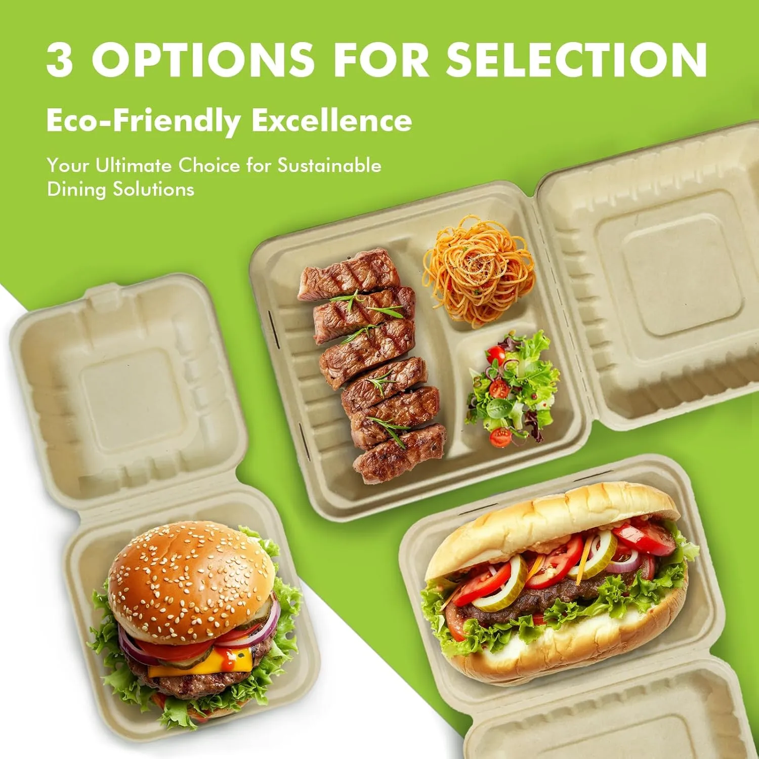 yoyomax [9x9-50Pack 100% Compostable To Go Food Containers with Lids, 3-Compartment Take Out Clamshell Container, Bio Disposable | Eco Friendly | Heavy-Duty Boxes, Made of Sugarcane Fibers