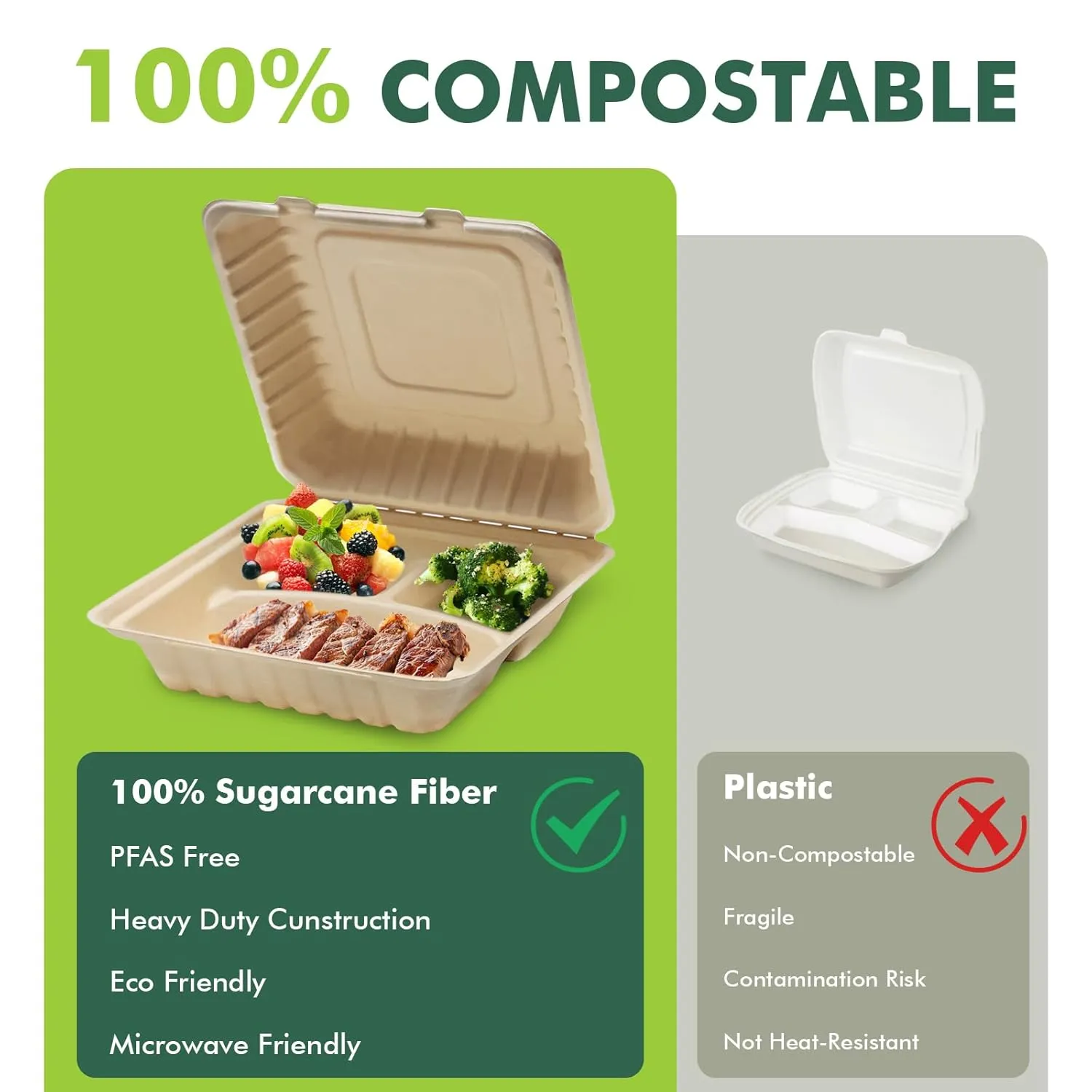 yoyomax [9x9-50Pack 100% Compostable To Go Food Containers with Lids, 3-Compartment Take Out Clamshell Container, Bio Disposable | Eco Friendly | Heavy-Duty Boxes, Made of Sugarcane Fibers