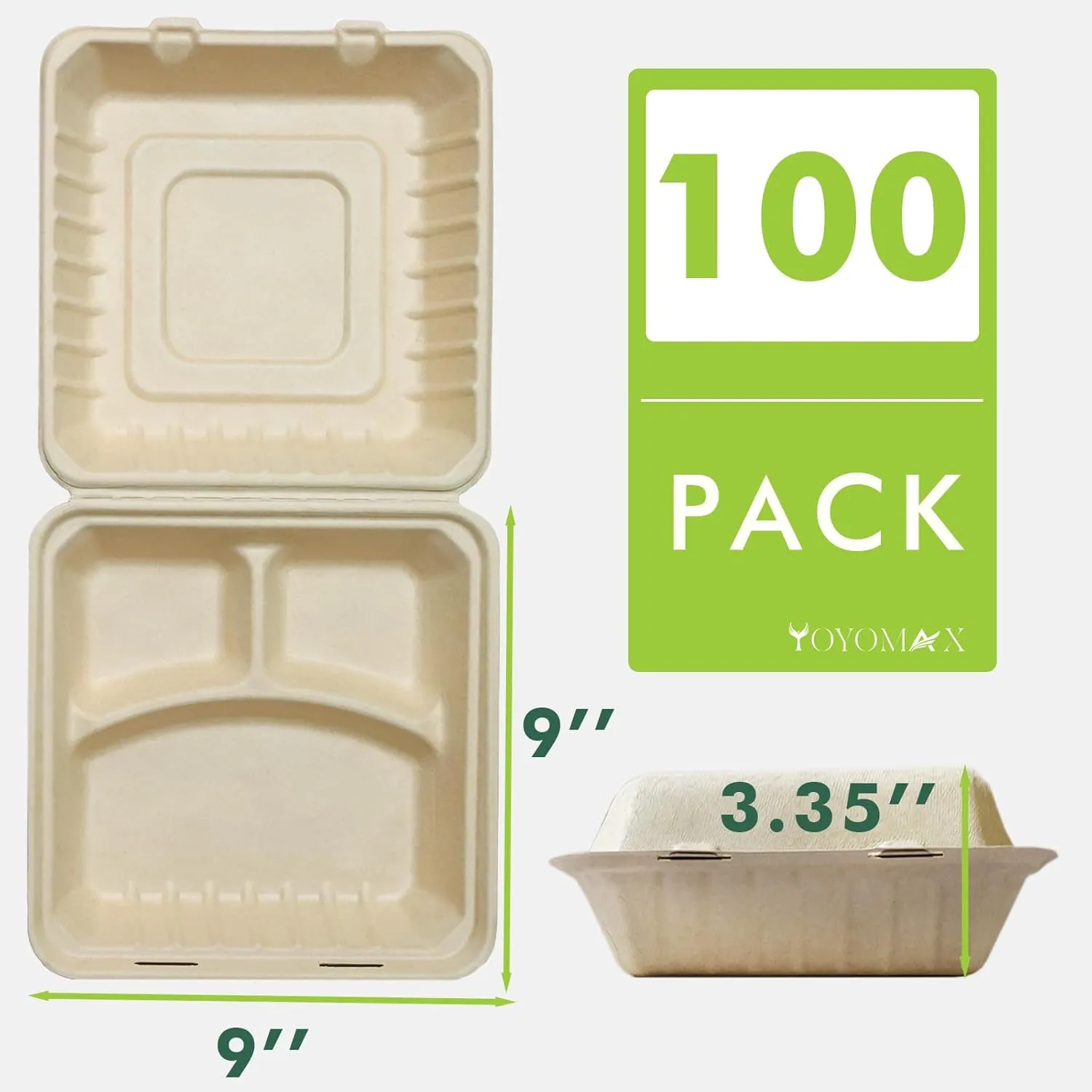 yoyomax [9x9-50Pack 100% Compostable To Go Food Containers with Lids, 3-Compartment Take Out Clamshell Container, Bio Disposable | Eco Friendly | Heavy-Duty Boxes, Made of Sugarcane Fibers