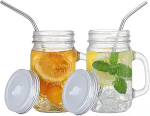 YSJILIDE Smoothie Cup with Lid and Straw, Iced Coffee Cup Reusable, Mason Jar Cups, Mason Jar Drinking Glasses for Juice Coffee Milkshake, Mason Jars with Handle Set of 2 (WHTIE)
