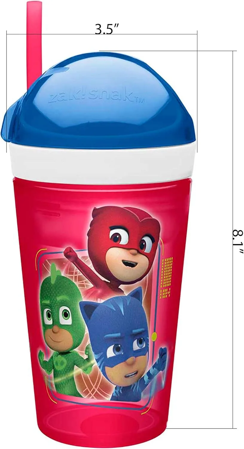 Zak Designs PJ Masks ZakSnak All-In-One Drink Tumbler   Snack Container For Toddlers – Spill-proof 4oz Snack Container Screws Securely Onto 10oz Tumbler With Accessible Straw, PJ Masks