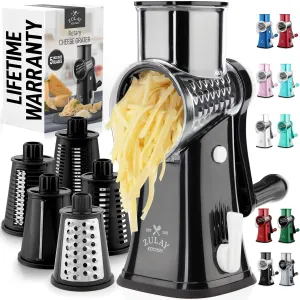 Zulay Kitchen Rotary Cheese Grater 5 Blade Cheese Shredder - Manual Hand Crank Cheese Grater With Reinforced Suction & 5 Interchangeable Drums - Easy to Use, Vegetable Chopper Round Mandoline Slicer