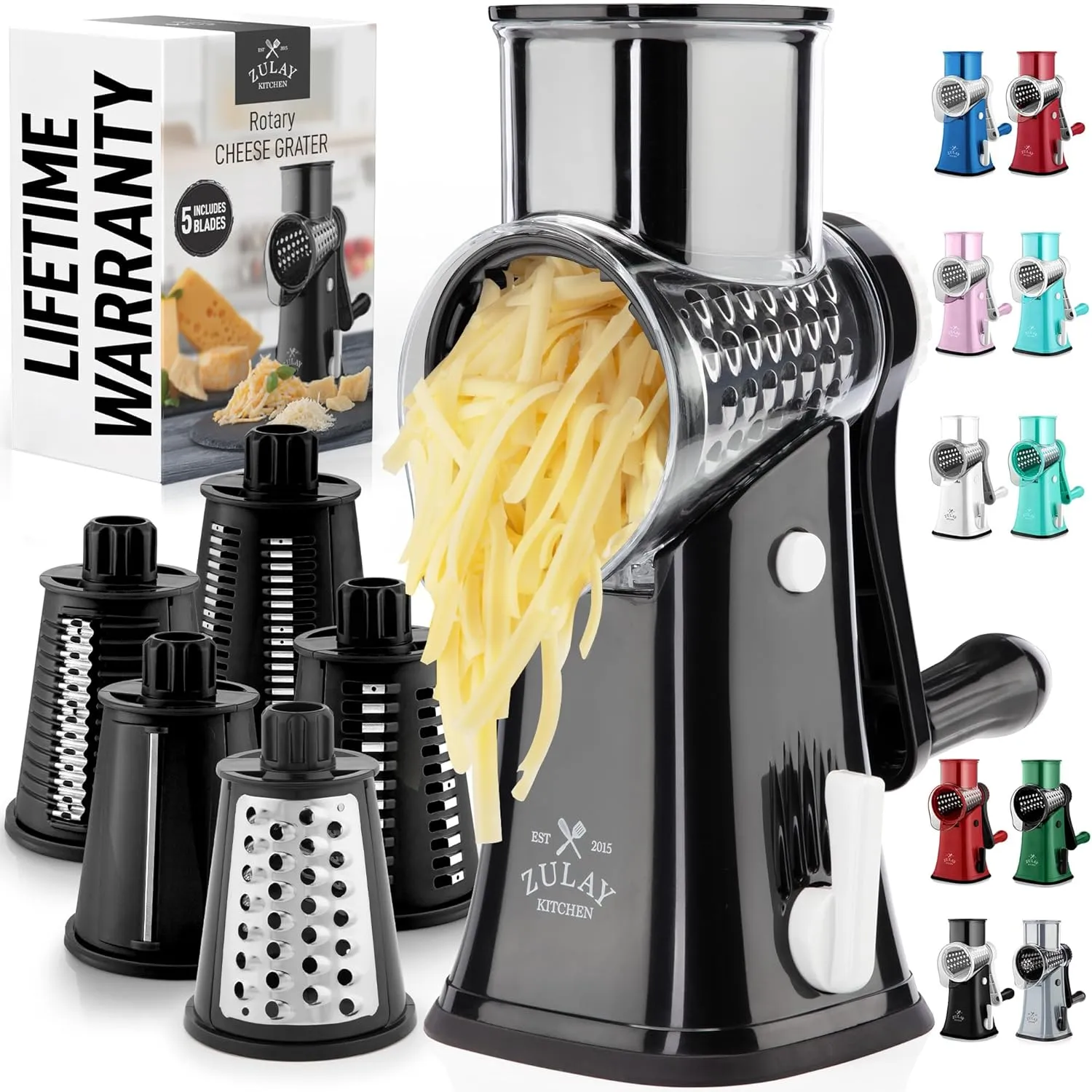 Zulay Kitchen Rotary Cheese Grater 5 Blade Cheese Shredder - Manual Hand Crank Cheese Grater With Reinforced Suction & 5 Interchangeable Drums - Easy to Use, Vegetable Chopper Round Mandoline Slicer